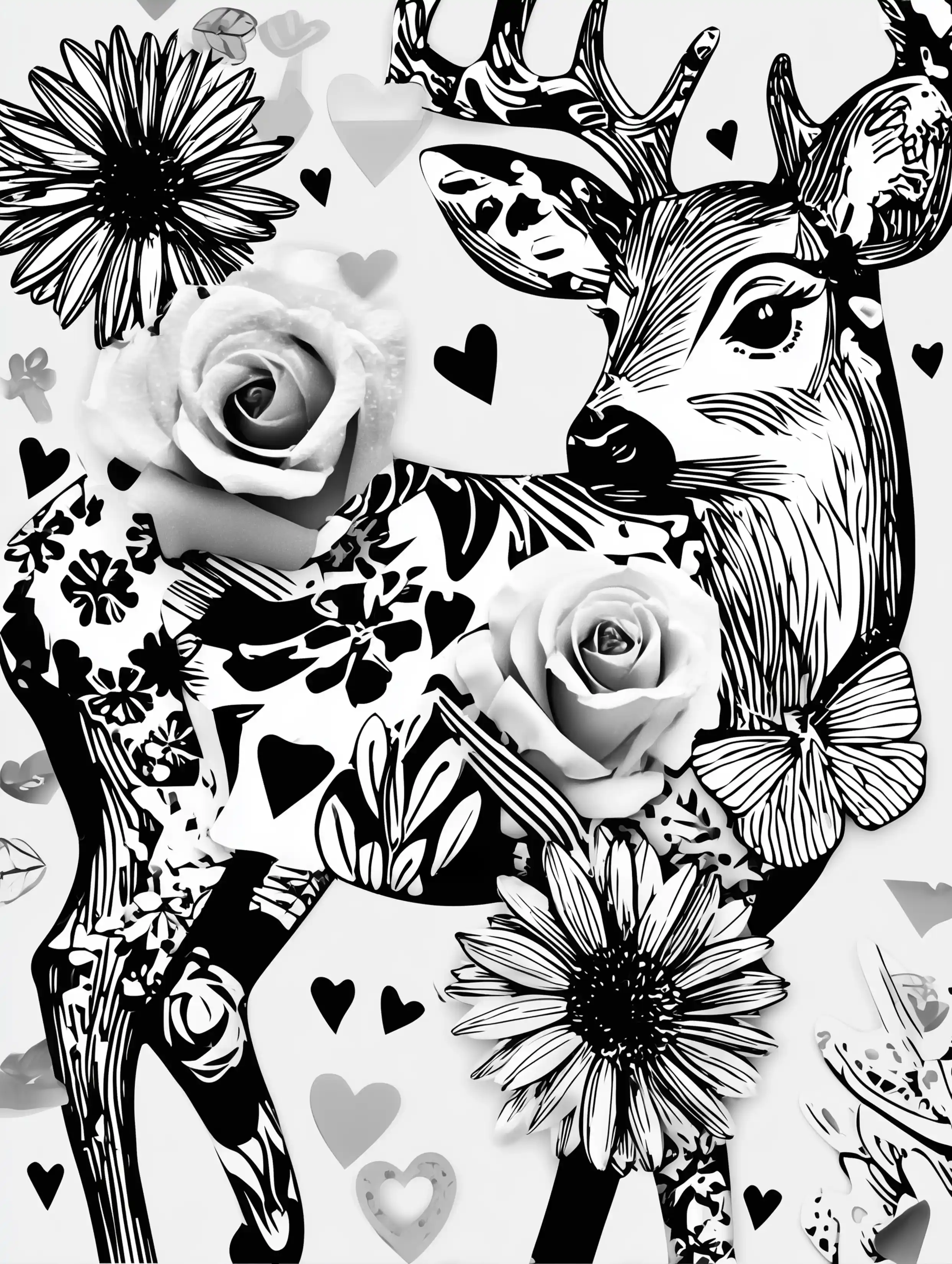 Free printable reindeer coloring page for adults featuring a floral reindeer viewed over the shoulder